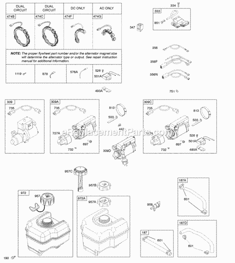 Alternator Electric Starter Fuel Supply Ignition Diagram and Parts List for 20M114-1364-E1  Briggs and Stratton Engine